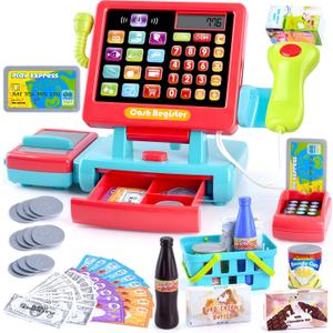 PLAY Kids Cash Register Toy Supermarket with Register Pretend Play Calculator Register Toys with Scanner/Microphone/Credit Card/Conveyors/Cans/Drink/Play Money, Cash Register for Kids Ages 3+