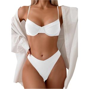 SweatyRocks Women's 2 Piece Bikini Set Spaghetti Strap High Cut Push Up Underwire Swimsuit (X-Large, White)