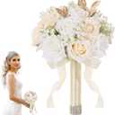 Wedding Bouquets for Bride - Realistic Silk Flowers Artificial Roses, 9 Inch Bridesmaid Bouquet for Ceremony, Church, Anniversary, and Home Decoration (White & Champagne)