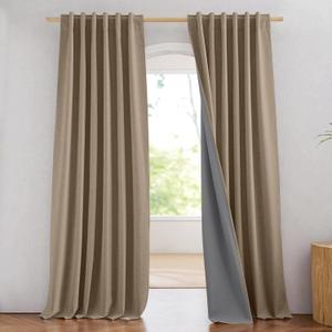 NICETOWN 100% Blackout Burlap Linen Curtains 90 inches Length with Thermal Insulated Liners for Bedroom, 2 Panels, 52" W, Room Cooling Noise Reducing Window Treatment Drapes for Living Room