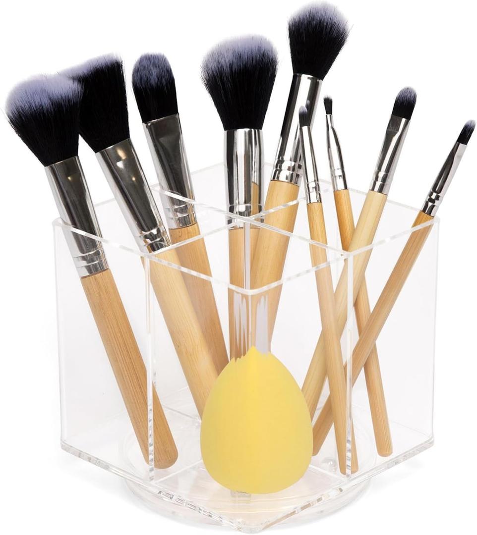 Makeup Brush Holder Organizer  Rotating Makeup Organizer with 4 Compartments  Perfect for Beauty Tools, Stationery, Kitchen - Acrylic Makeup Brush Organizer  Multifunctional Pen Holder
