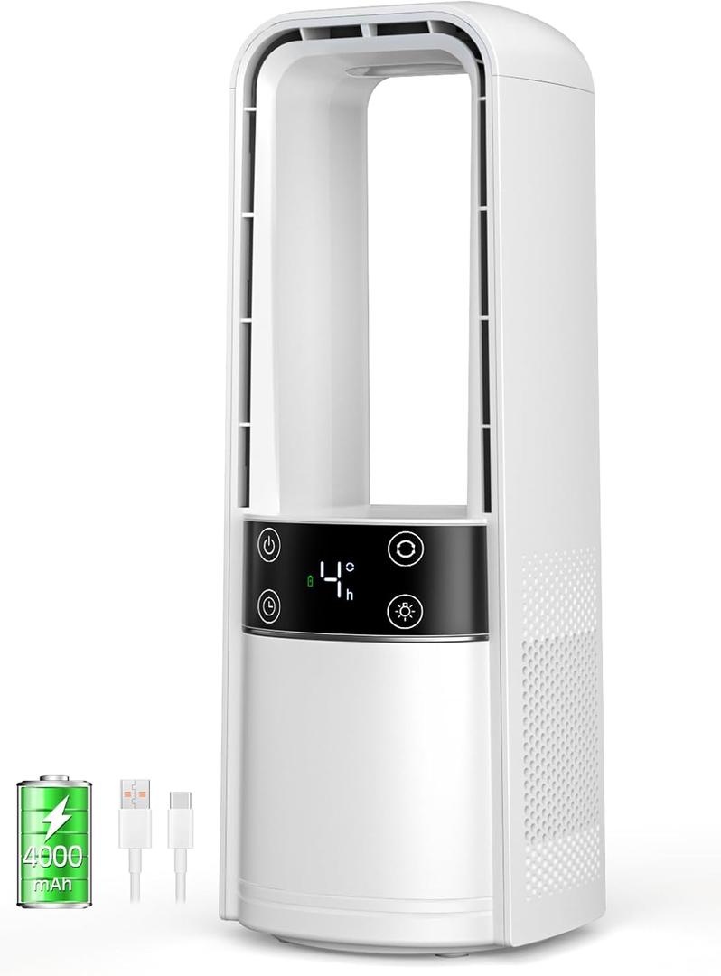 Desk Fan Bladeless, 120° Oscillating Fan Rechargeable, Quiet Fan with Night Light, Smart LED Touch Control, 4 Speed & 9H Timer, Small Table Fan, Auto Display Off, Ideal for Home, Office, Study Room