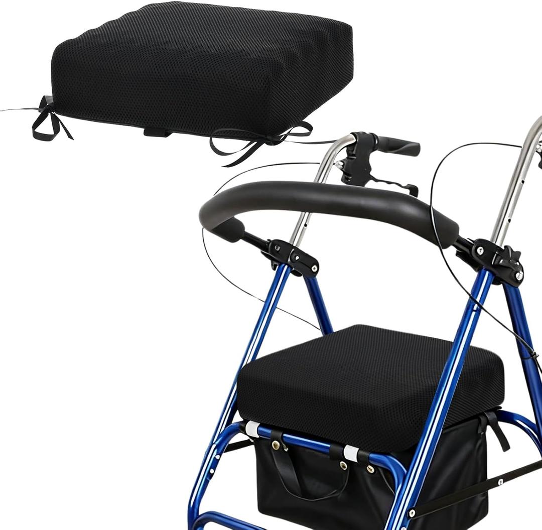 Rollator Walker Seat Cushion for Seniors Memory Foam Pad with Adjustable Straps Washable Breathable Cover Support Cushion for Elderly Walker Seat Accessories 12x12x3.5 Inch(Black)