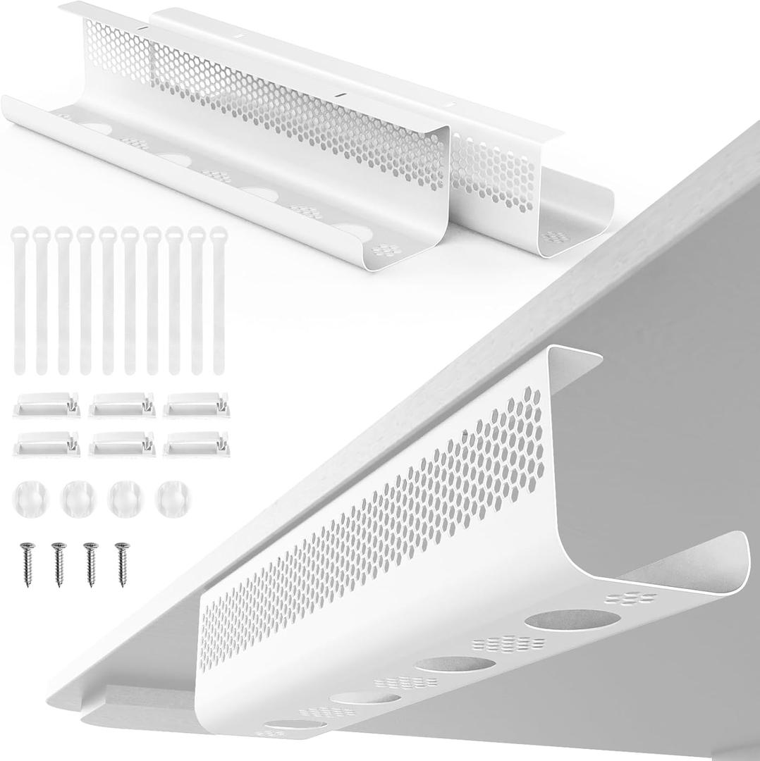 KHAMAL Cable Management Under Desk 26PCS - Cable Management Tray Kit Ventilated Hexagonal Design with Cable Clips, Wire Ties, Cord Holder & Screws for Office, Home - 2 White Sets