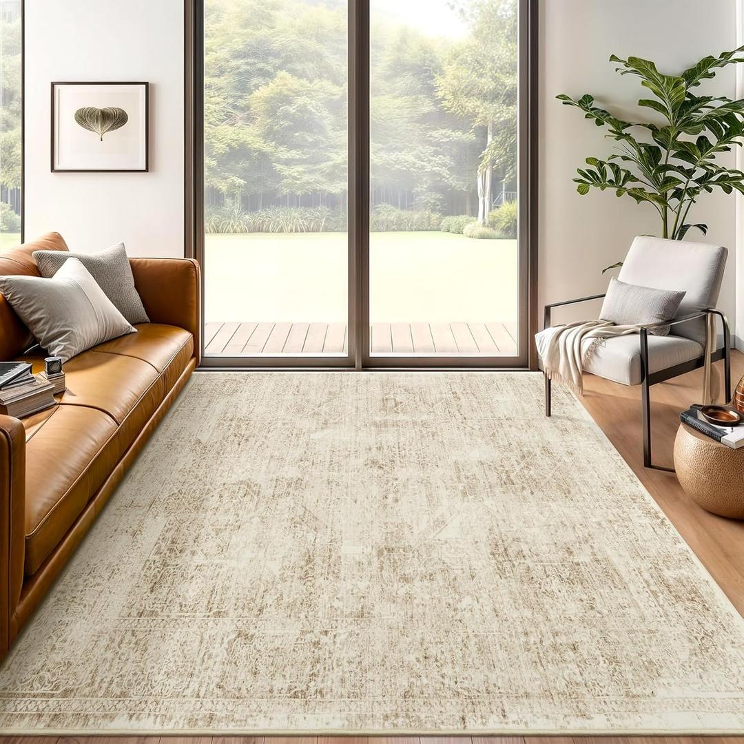 6x9 Area Rug for Living Room Floral Washable Non-Slip Modern Rugs for Bedroom Dinning Room Ultra-Thin Indoor Light Brown