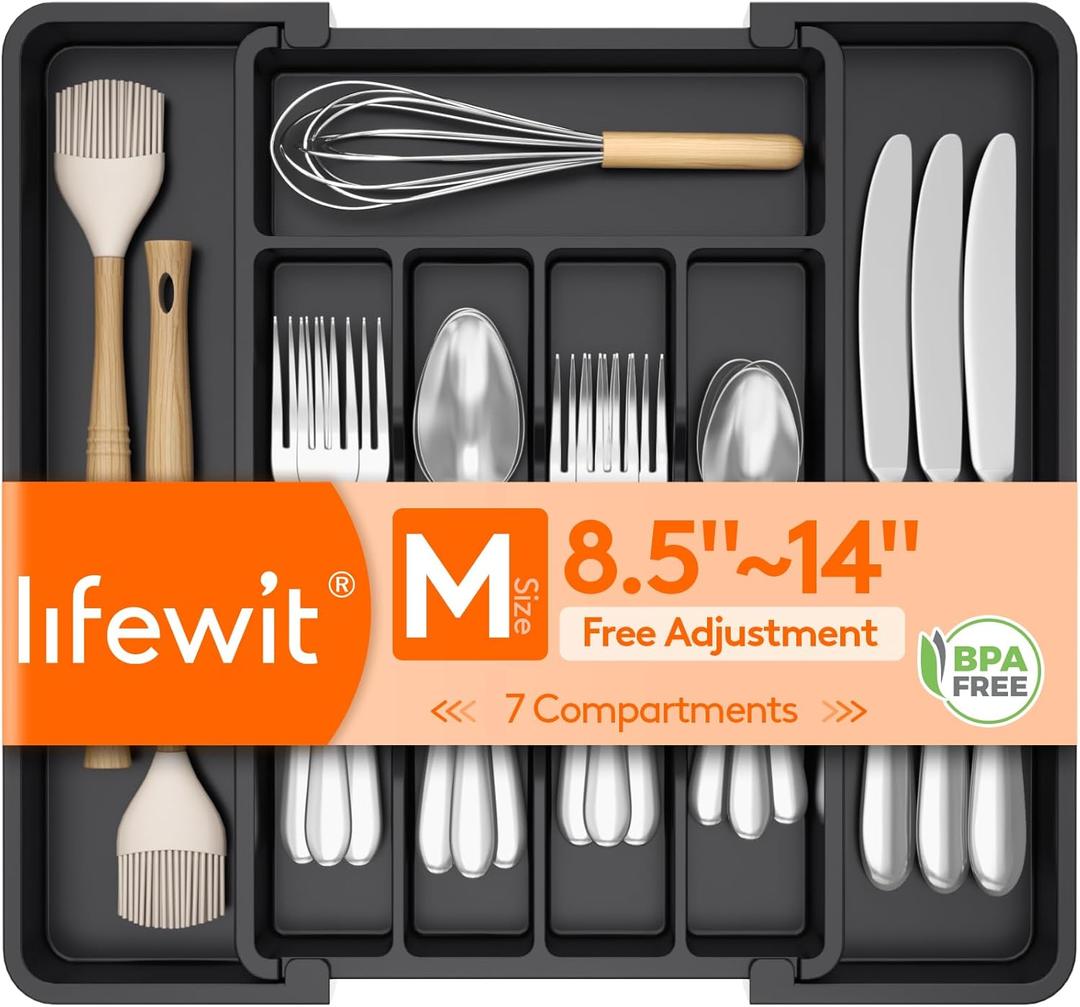 Lifewit Silverware Drawer Organizer, Expandable Utensil Tray for Kitchen, BPA Free Flatware and Cutlery Holder, Adjustable Plastic Storage for Spoons Forks Knives, 8.5-14 x 12", Black