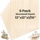 6 Pack Basswood Sheets 12 x 12 x 1/16 Inch Thin Wooden Sheet Unfinished Wooden Squares Boards Balsa Plywood Wood Sheets for Crafts Architectural Models Laser Cutting Wood Burning and Drawing