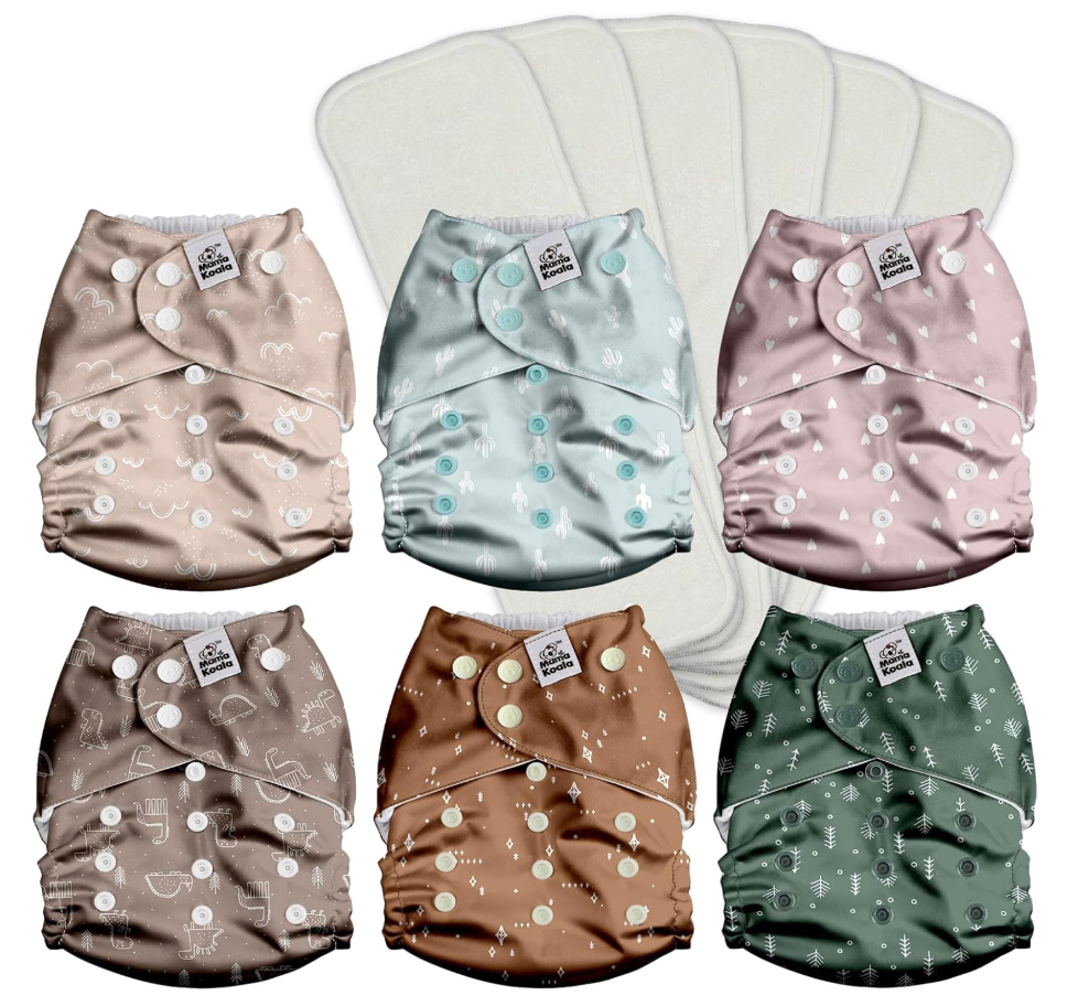Mama Koala 3.0 Pocket Cloth Diapers for Babies with AWJ Lining, 6 Pack with 6 4Layer Natural Cloth Diaper Inserts  Reusable and Washable Pocket Diapers(Simply Neutrals)