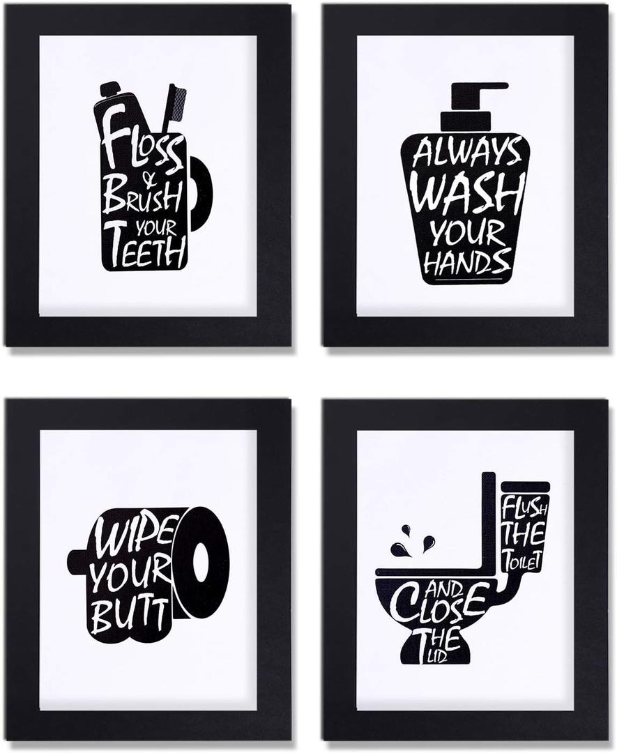 Bathroom Decor Wall Art Prints With Paper Frames, Funny Wall Signs Black and White Canvas Artwork Poster Carboard Frames 810inch Set of 4 (Black and White)