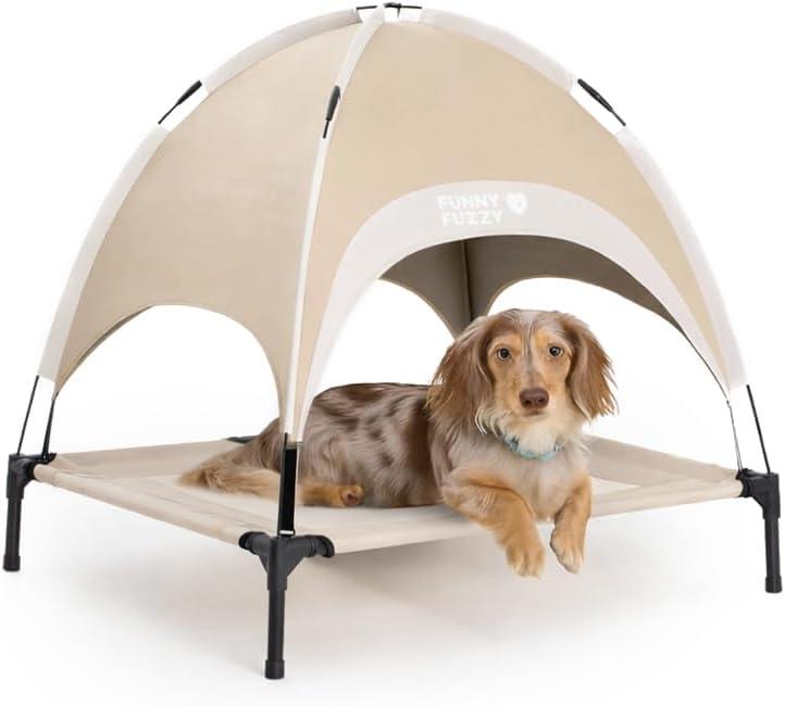 FUNNY FUZZY Elevated Cooling Dog Bed with Canopy(30"x24"x7"), Khaki, Outdoor Raised Dog Cot with Shade, Cooling Breathable Mesh Pet Bed, Portable Waterproof Dog Camping Bed for Large Medium Small Dogs