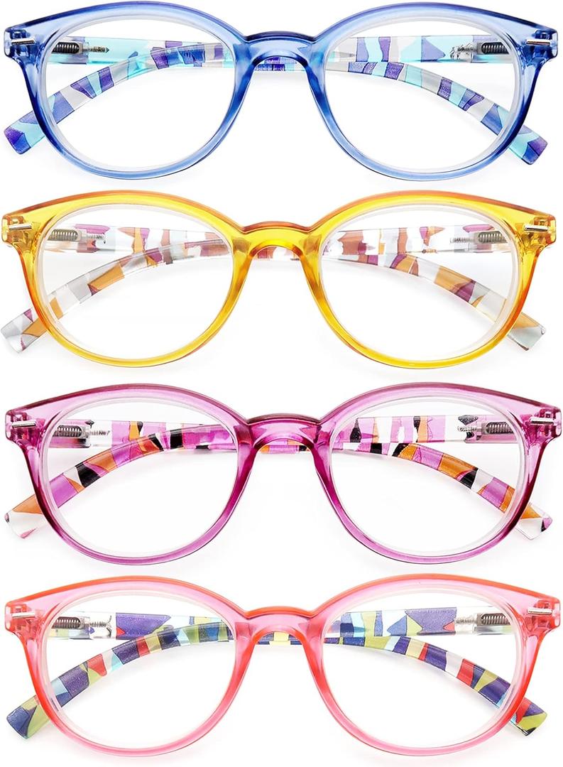 HEEYYOK 4 Pack Reading Glasses Women,Round Frame Readers Spring Hinges,Ladies Fashion Colorful with Soft Case, +2.50