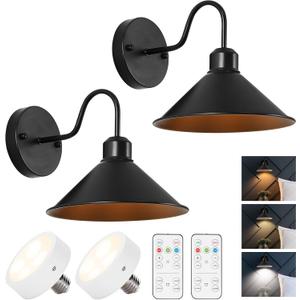Vintage Gooseneck Wireless Battery Operated Wall Sconces Set of 2, Black Cordless Battery Powered Led Wall Lamps Decor with Remote, Dimmable Indoor Beside Light Fixture for Bedroom Kitchen (Blue)