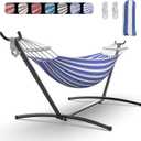 Double Hammock with Heavy-Duty Steel Stand,Portable,Easy Assembly,600lbs Weight Capacity,Perfect for Indoor,Yard,Camping,or Outdoor-BlueWhite