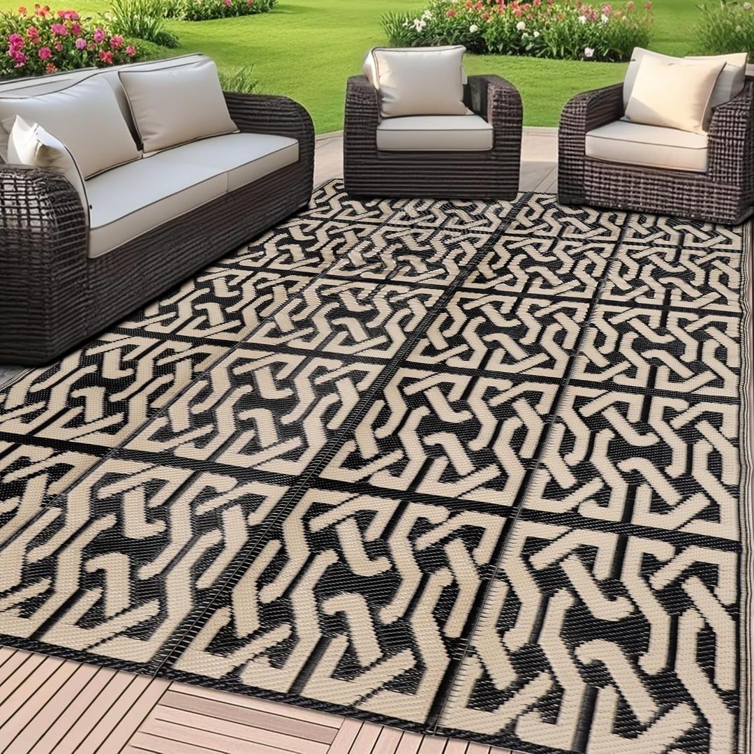 SAND MINE Reversible Mats, Plastic Straw Rug, Modern Area Rug, Large Floor Mat and Rug for Outdoors, RV, Patio, Backyard, Deck, Picnic, Beach, Camping, Trailer, Black & Beige, 5' x 8'