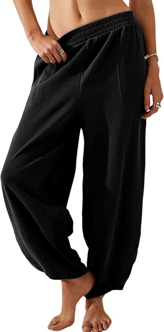 Himosyber Women Cotton Pants Wide Leg Pants Casual Loose Baggy Elastic Waist Beach Palazzo Harem Pants (Medium, Black)