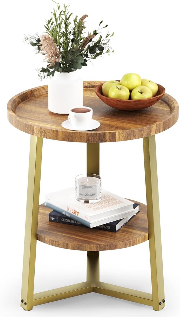 PPAMAPIC Round End Table, 2 Tier Side Table with Storage Shelf, Nightstand Accent Table for Living Room Bedroom Small Space, Golden Metal Frame, 19.7" D x 23.6" H, Rustic Brown