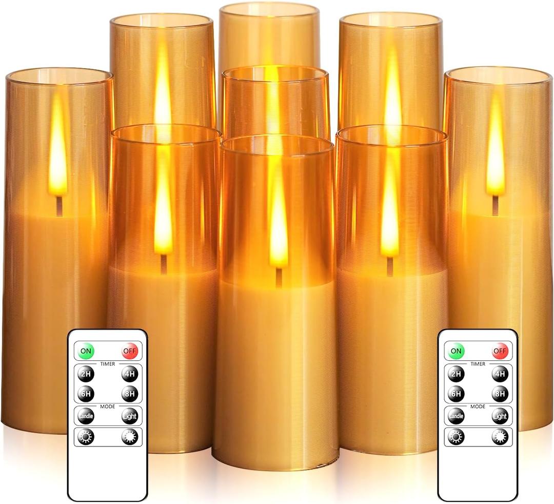 Flickering Flameless Candles,Battery Operated, Flameless Candles with Remote, 2/4/6/8 Hour Timer, Realistic Jumping Flame Effect, Perfect for Home Decor, Holiday Decoration Pcs 9 (Gold)