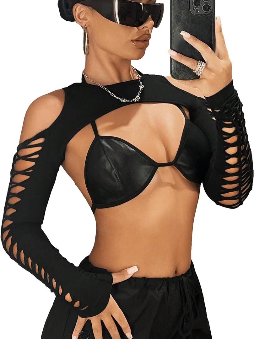 GORGLITTER Women's Cut Out Super Crop Top Bolero Long Sleeve Crew Neck T Shirt Shrug Tops (Black, S)