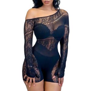 Women's Sexy See Through Long Sleeve Rhinestone Accent One Shoulder Cutout Mesh Lace Bodysuit Jumpsuit (Black)