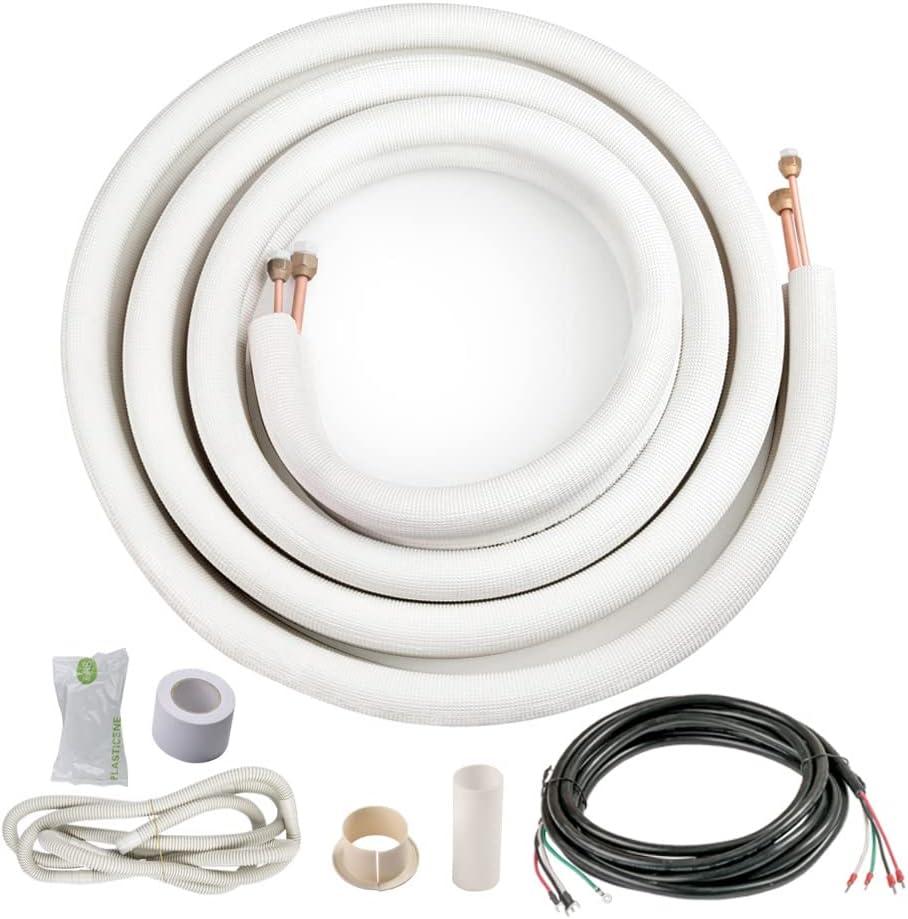 ICOOL 16 Ft. Mini Split Line Set, 1/4" & 1/2" O.D. Twin Copper Pipes, 3/8" Thickened PE Insulated Coil Copper Line for Air Conditioner HVAC Refrigeration and Heating Equipment, with Fittings
