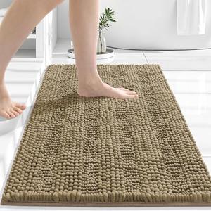 Grandaily Chenille Striped Bathroom Rugs 60x20, Extra Thick and Absorbent Bath Mats, Non-Slip Soft Plush Shaggy Shower Carpet, Machine Wash Dry, Bath Rug for Bathroom, ( Tan)