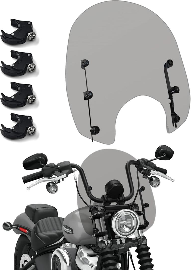 15" Motorcycle Windshield with 4PCS 49mm Quick-Release Fork Clamps, Smoke Windscreen Deflector for Harley Softail Street Bob FXBB FXBBS, Standard FXST, Low Rider FXLR, Dyna FXDB FXDL FXDC