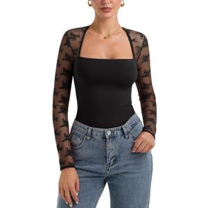 PINKMSTYLE Women Sexy Square Neck Lace Long Sleeve Tops Slim Fit Double Lined Trendy Y2K Going Out Fall Shirts (Medium, Black)