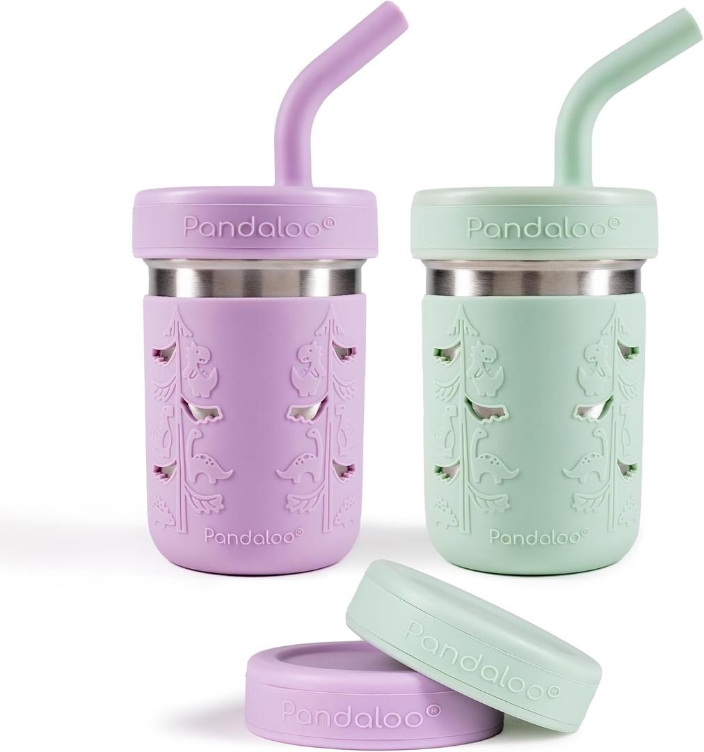 Pandaloo Smoothie Cups for Kids - Stainless Steel Toddler Tumbler with Straw, Sippy Cup for Smoothies - BPA-Free, Toddler Snack Cups, 10 oz (Pack of 2, lilac Rhapsody/Sweet Sage)