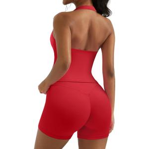 OMKAGI 2 Piece Workout Sets for Women Halter Sports Bra Tank Gym Biker Shorts Outfits (Small, Red)