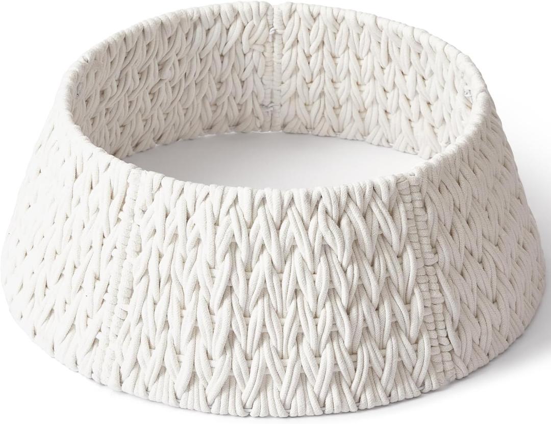 28in Woven Christmas Tree Collar, Chunky Cotton Rope Weave Skirt Basket - Elegant Beige Tree Base Cover for 6ft 7.5ft 9ft Artificial Trees - Holiday Decoration, Natural & Stable(White)