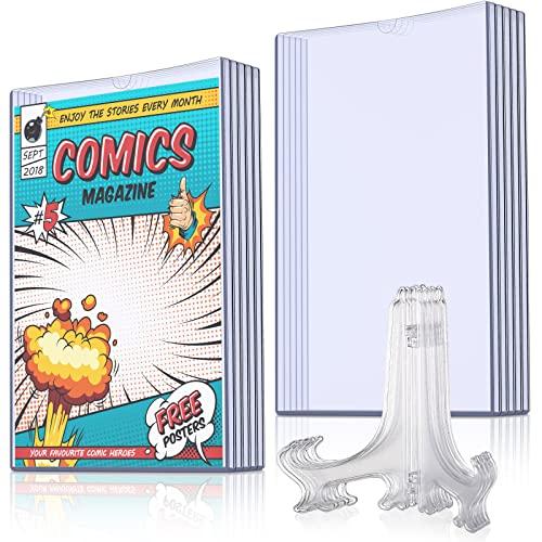 Zonon 5 Set Comic Book Display Case Set, Include Comic Book Sleeves and Clear Plastic Easels, 7.6 x 10.7 Inch Magazine Protectors for Collectors Plate Holder Display Stand Picture Stand for Decor