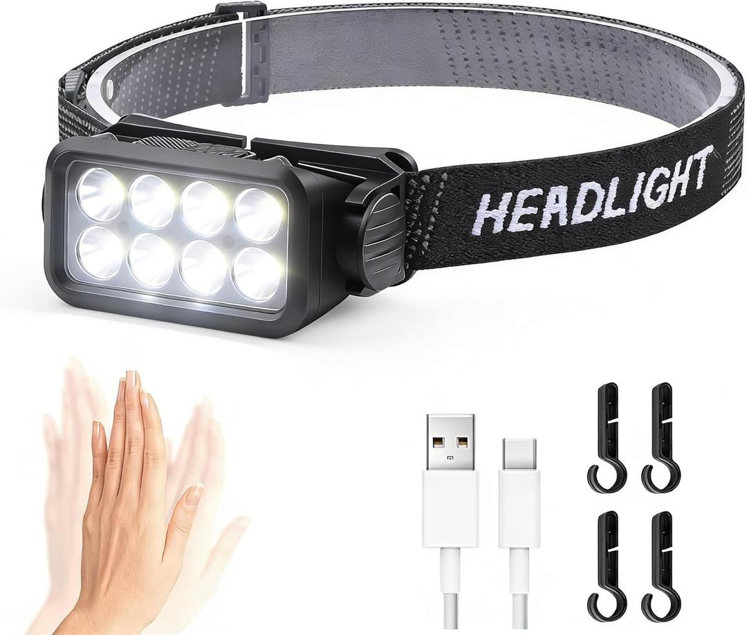Motion Sensor Headlamp Rechargeable, USB C Head Lamp with 5 Modes 120 Adjustable IPX4 Waterproof LED Headlight for Camping Hiking Running Fishing Hard Hat