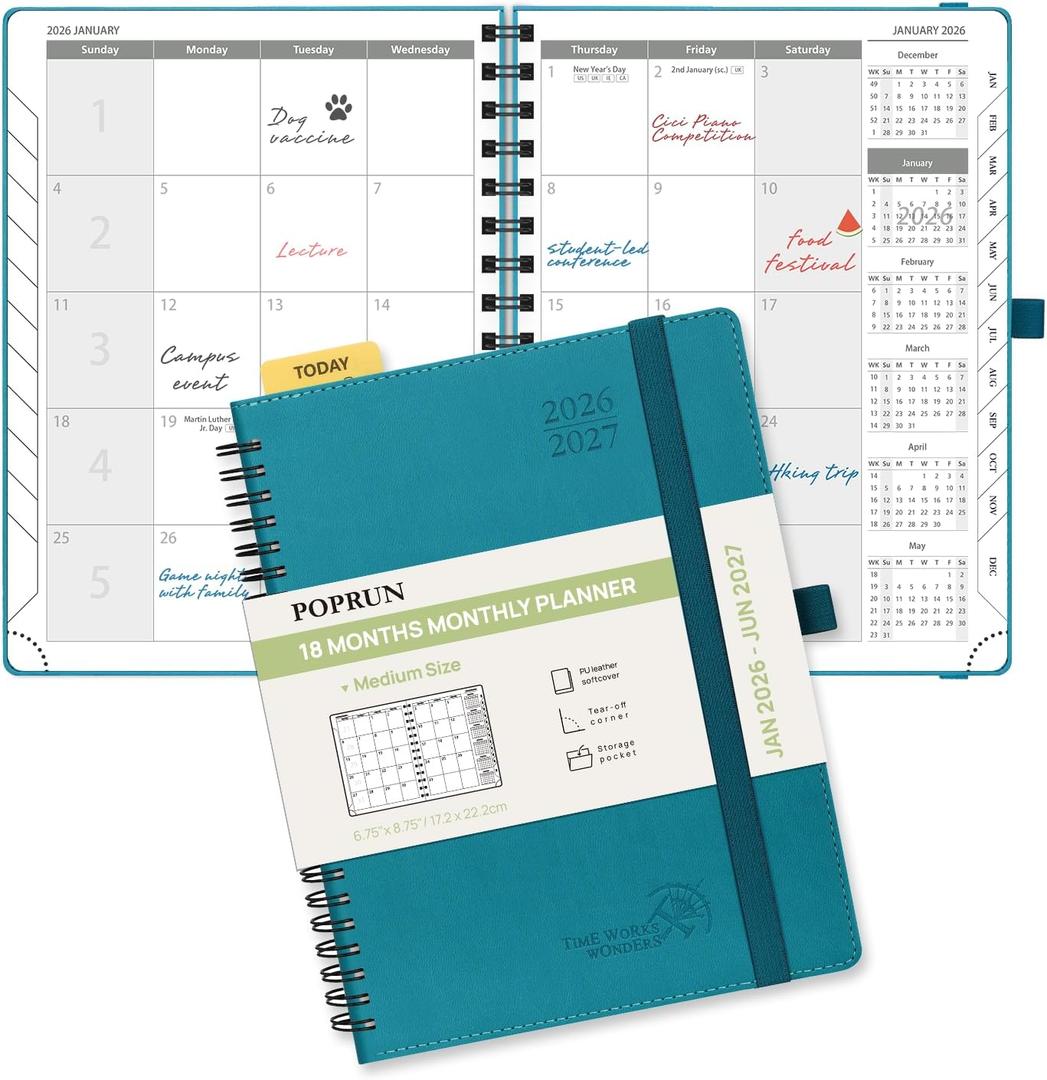 POPRUN Monthly Planner 2026-2027 (Medium 6.5" x 8.5") 18 Months Calendar Book(Jan 2026 - Jun 2027) - 4 Pages per Month with Expense & Notes, Stair-like tabs, Leather Cover, Sunday Star-Pacific Green
