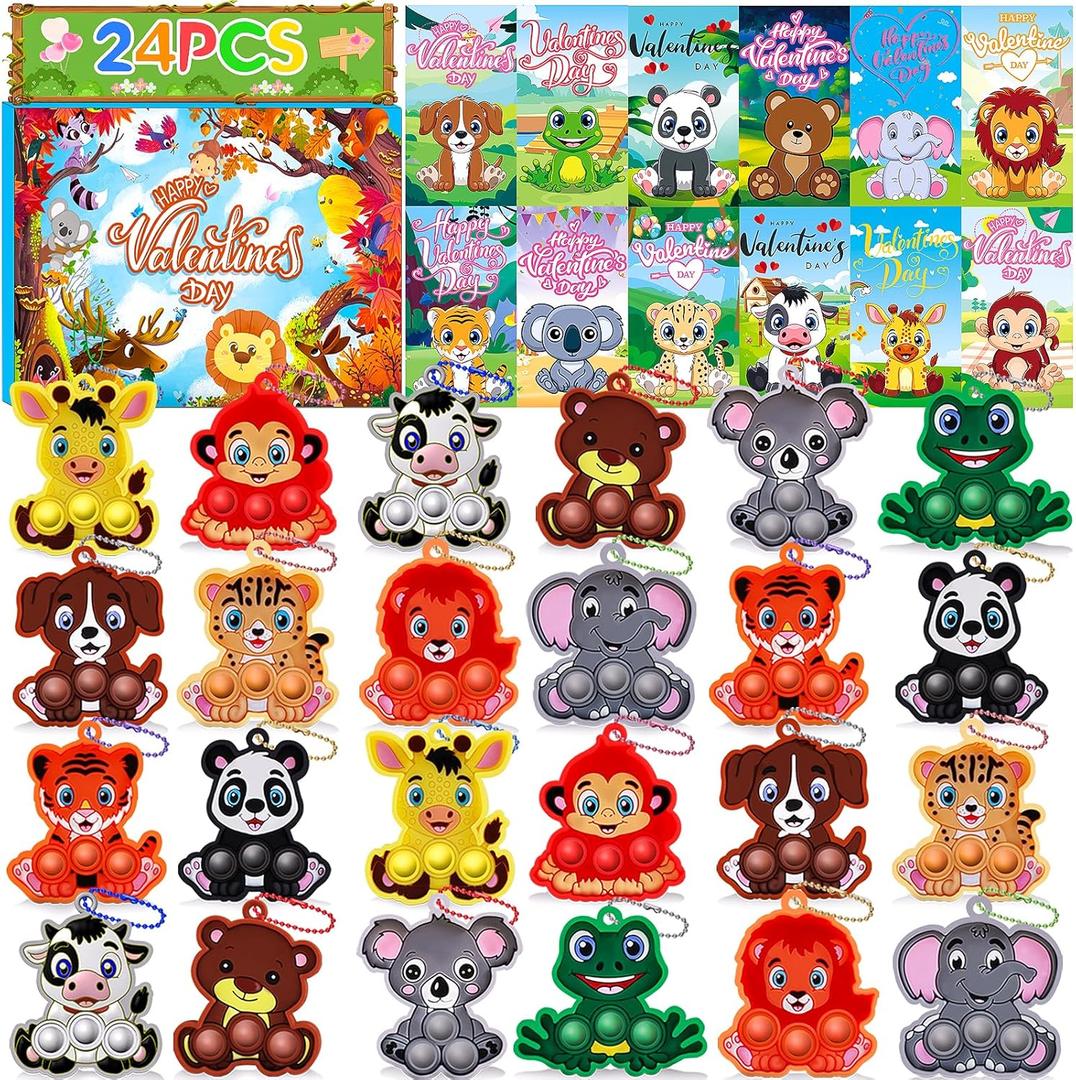 Kiss Monkey Valentines Day Gifts for Kids, 24 PACK Valentines Cards for Kids Classroom with Animals Pop Fidget Toys, Valentines Party Favors, Valentines for Class Boys Girls