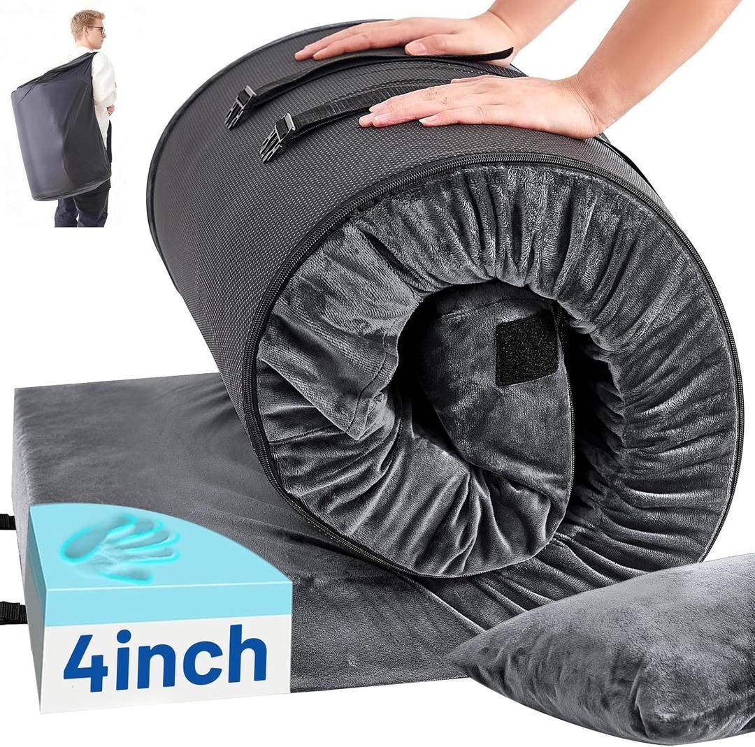 Memory Foam Camping Mattress Pad with Pillow - Extra Thick 4 Inch Sleeping Pad for Camping, Waterproof Roll Up Cot Mattress Topper Bed Mat for Car Truck Tent RV, with Storage Bag
