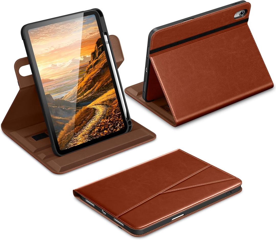 DTTO for iPad A16 Case, iPad 11th / 10th Generation Case (2025/2022), 360 Degree Rotating Premium Leather Folio Stand Cover with Pencil Holder, Brown
