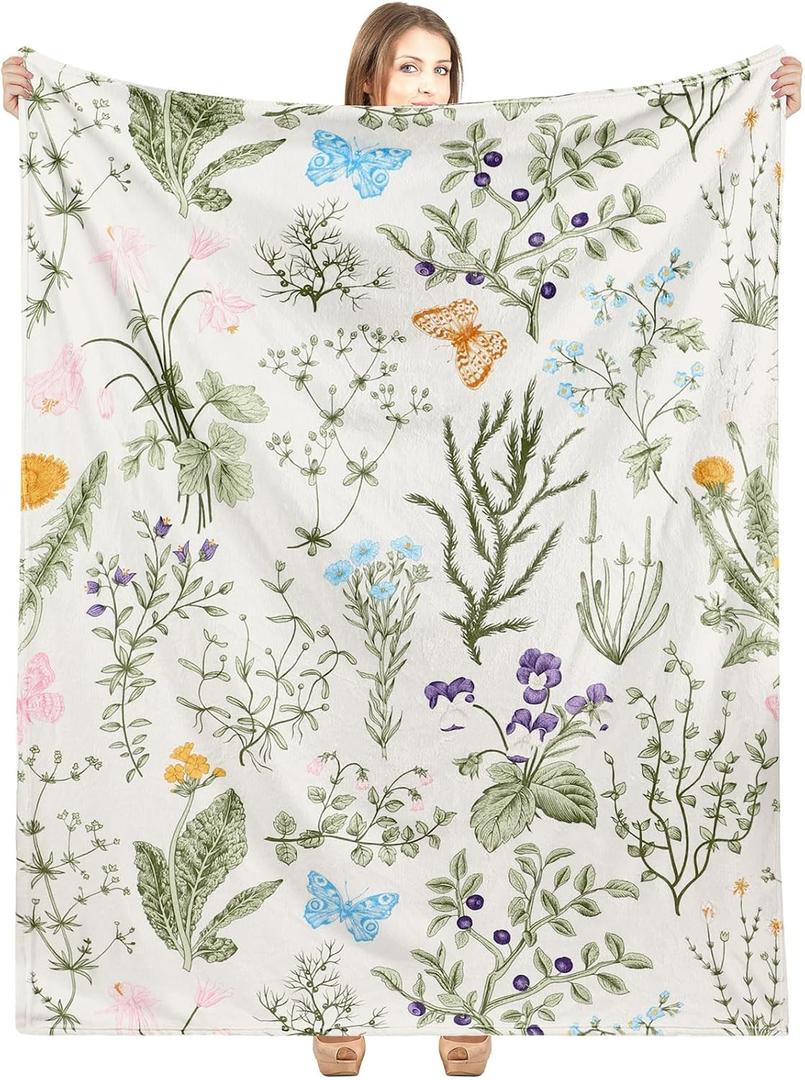Buryeah Spring Throw Blanket Wildflowers Butterfly Blanket Green Wild Flower Plant Blankets 60 x 50 Inches Vintage Herbs Blanket Colorful Wild Flowers Printed Flannel Blanket for Bed Sofa Chair