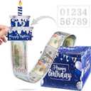 Birthday Money Pull Box for Cash Gift with DIY Self-Adhesive Stickers for Any Age, Happy Birthday Money Box for Cash Gift Pull Out Cake Card and 100Pcs Bags, Birthday Party Decor Ideas-Blue