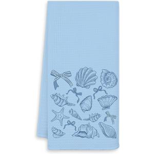 Coquette Blue Bow Beach Kitchen Towels, Coastal Nautical Dish Tea Towels for Kitchen Decor, Blue Preppy Seashell Starfish Beach Decorative Hand Towels for Bathroom, 16x24 Inch