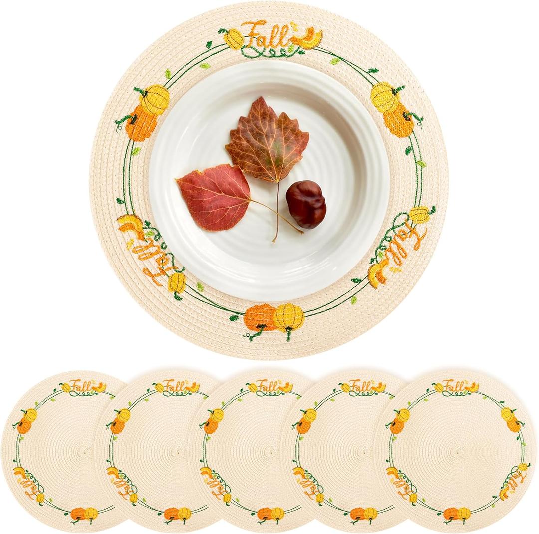 Fall Placemats Set of 6 Fall Thanksgiving Autumn Table Decorations Indoor Farmhouse Harvest Pumpkins Round Table Mats for Party Kitchen Dinning (Set of 6)