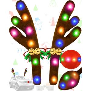Christmas Reindeer Antlers Car Decoration Kit, LED Multicolor Lights Nose Vehicle with Jingle Bells Rudolph, Auto Holiday Accessories for SUV Van Truck Decor