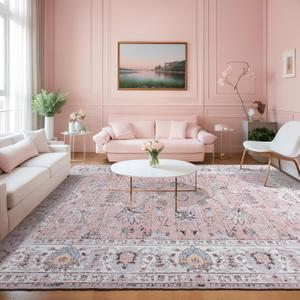 8x10 Pink Washable Area Living Room Rugs, Bedroom Rugs Non Slip Vintage Neutral, Oriental Floral Carpets Modern Stain Resistant Low Pile Thin Soft Dining Room Office Rug