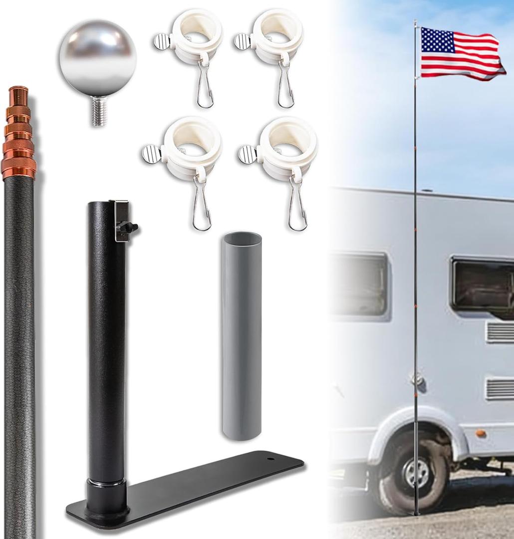 Upgraded Telescopic Flagpole with Anti-Break Tube, Thickened Tire Bracket Tailgate Flagpole - 20ft Carbon Fiber RV Flagpole Kit, Suitable for Tailgate Parties, Camping and Outdoor Activities