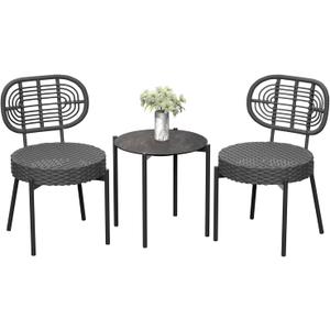GarveeLife 3 Piece Wicker Patio Bistro Furniture Set, Outdoor Dining Chairs, Includes 2 Rattan Chairs and Tempered Glass Table, for Garden, Backyard, Balcony, Apartment, Black & Grey
