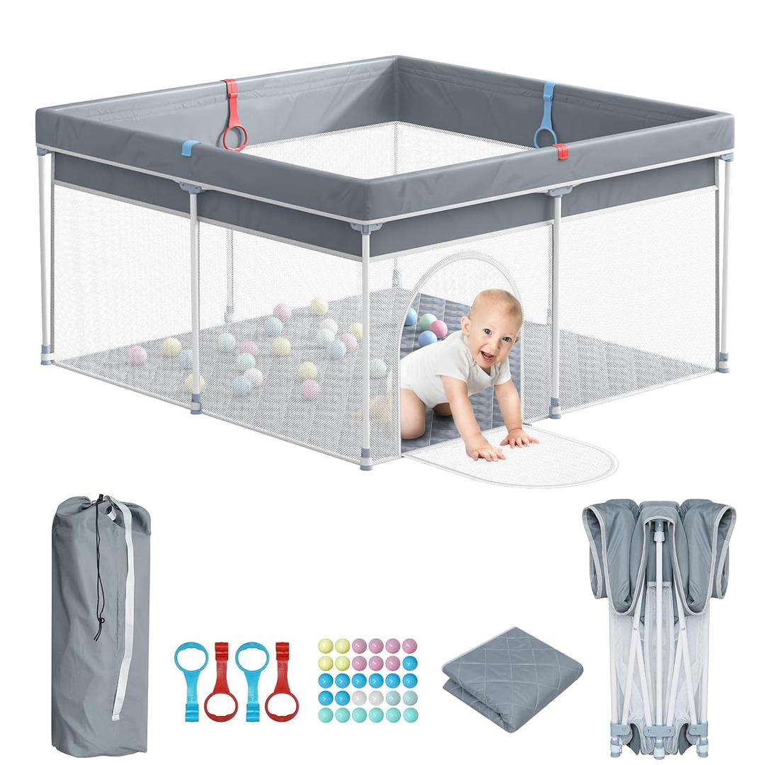 Giluta Foldable Baby Playpen with Mat, Portable Playard for Babies and Toddlers, No Assembly Required, Indoor & Outdoor Kids Safety Play Pen Area, Travel Baby Fence, Playpen 50"  50"