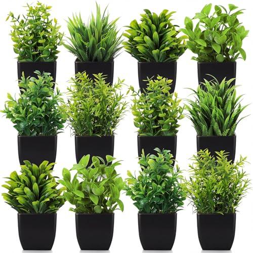 Unittype 12 Pcs Fake Plants Small Artificial Faux Plants for Shelf Mini Plastic Potted Greenery for Home Office Desk Bathroom Bedroom Indoor Decor (Black Pot,Green)
