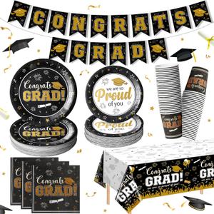 Graduation Plates and Napkins Set Serve 50, Class of 2026 Graduation Party Dinnerware Set, Black and Gold Disposable Paper Plates Napkins Banner Tablecloth for Graduation Congrats Grad Party Supplies