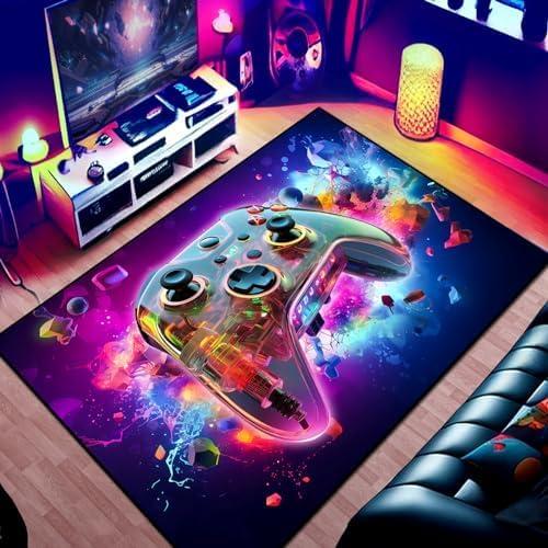 Gaming Area Rug Teen Boys Carpet, 3D Transparent Gamepad and Colorful Bomb Background Game Controller Design for Game Room, Gaming Room, Boys Girls Bedroom Playroom, Living Room (79" x 59") (4'11" x 6'7" (Rectangular))
