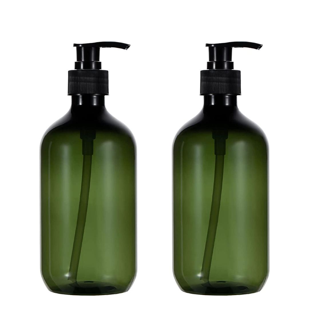 Green Pump Bottle, 2 Pack Refillable Plastic Soap Dispenser for Shampoo, Conditioner, Lotion, Body Wash - 17oz