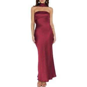 Women's Summer Satin Strapless Tube Top Maxi Dress Elegant Silk Backless Halter Neck Formal Party Dresses Wedding Guest (Burgundy, XS)